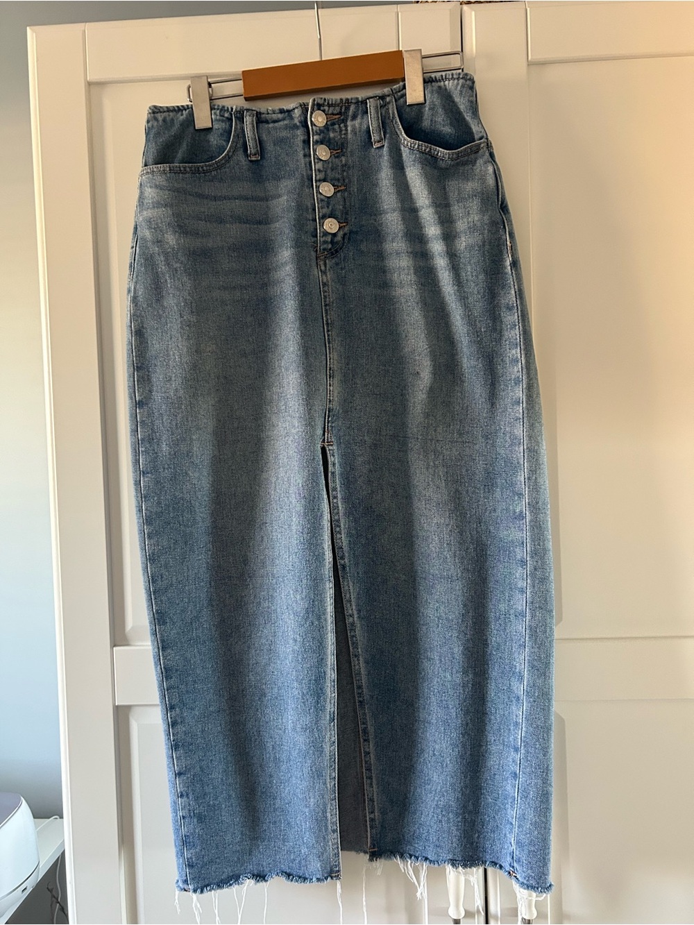 High-Waist Light Blue Button-Front Denim Skirt